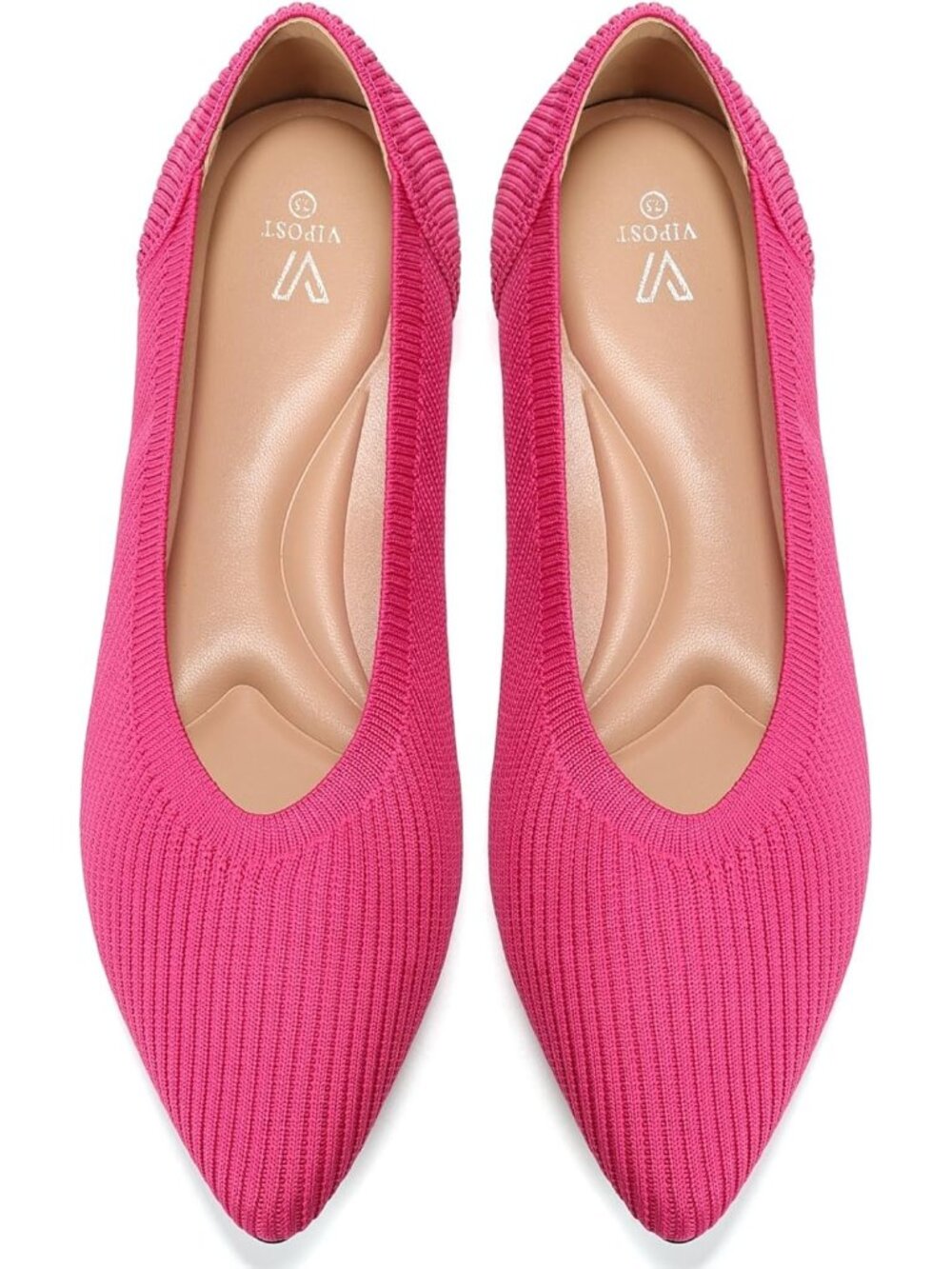 Women's Rose Red Pointed Toe Comfort Foldable Slip On Knit Ballet Flat Shoes